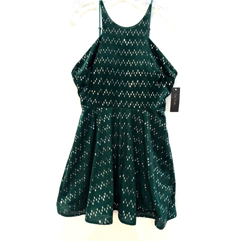 NWT City Studio Juniors Sz 15 Green Velvet Sparkle Open Back Mini Dress Pockets